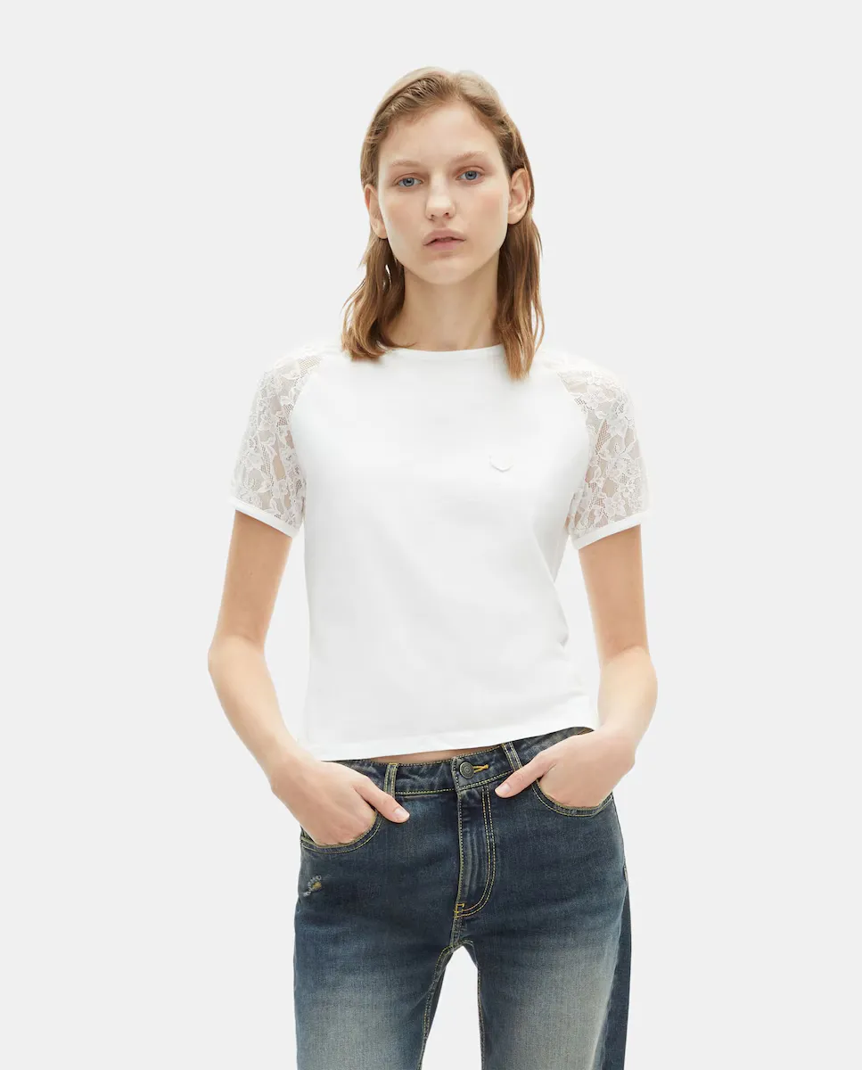

Женская кружевная футболка с коротким рукавом The Kooples, бежевый