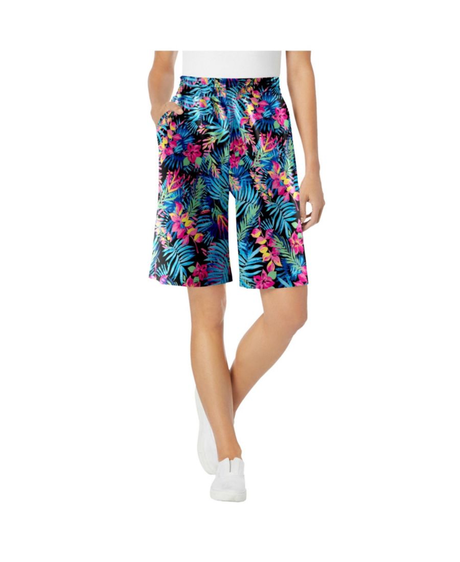 

Трикотажные шорты больших размеров с эластичным поясом Woman Within, Black multi tropicana