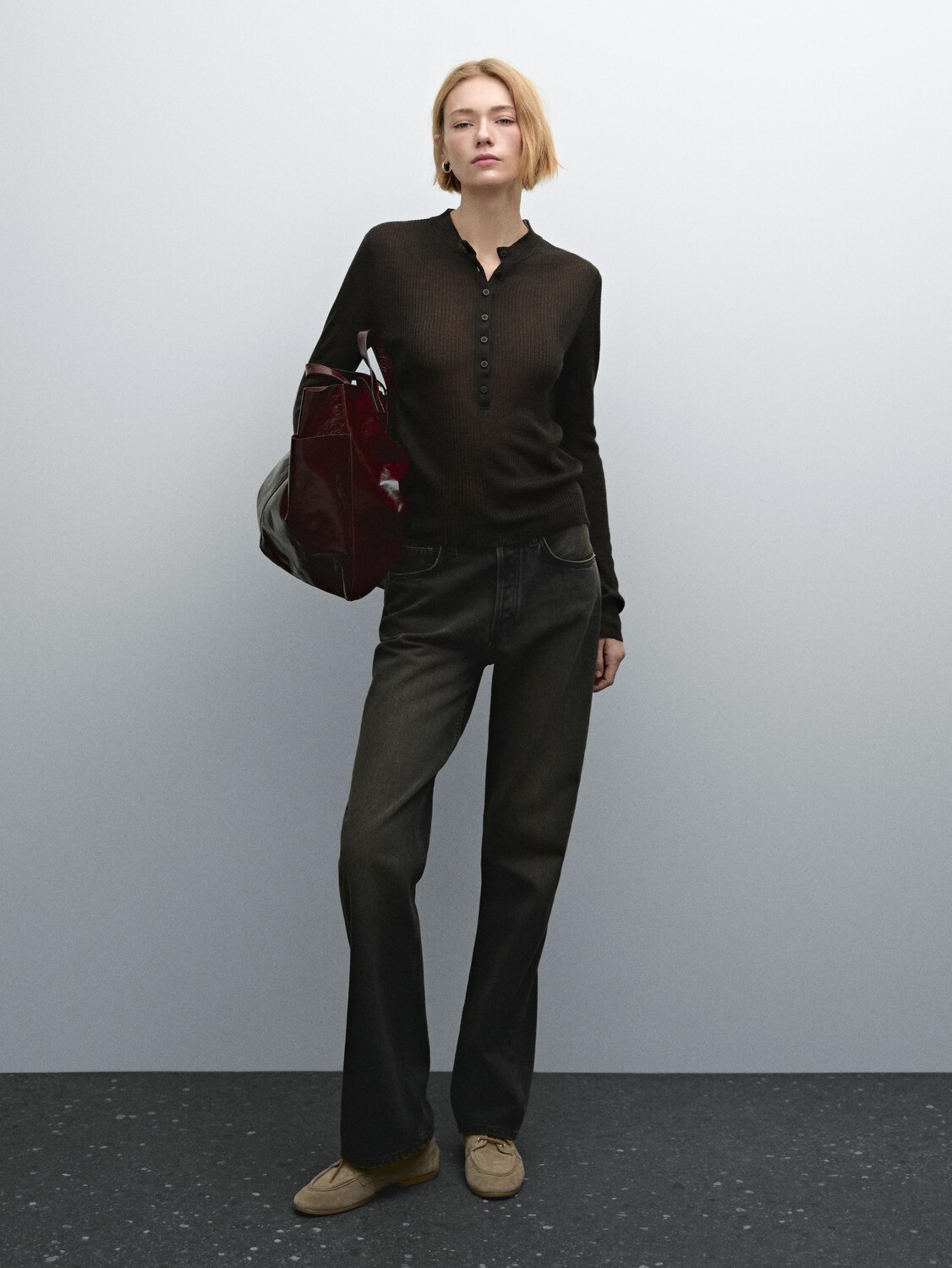 

Футболка из шерстяной смеси в рубчик с пуговицами Massimo Dutti, хаки