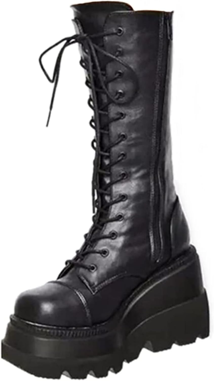 

Женские высокие ботинки до колена с массивной платформой, средней длины, панк-боевые готические ботинки с шнуровкой, эластичные мотоциклетные ботильоны с боковой молнией, легкая обувь на осень и зиму Canbebig, Multicolor 01