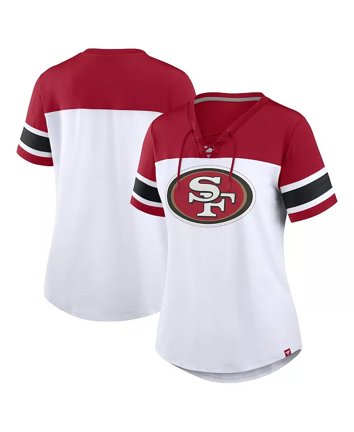 

Женская белая/алая футболка Athena со стразами и V-образным вырезом на шнуровке с логотипом San Francisco 49ers Fanatics