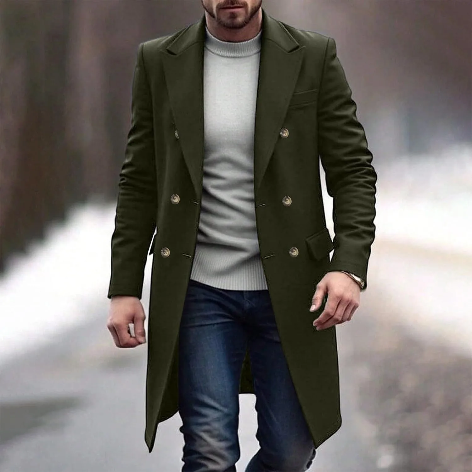Мужское пальто с отложным воротником, двубортное, средней длины, в стиле pea coat, для бизнес-кэжуал, ветровка, зимнее, теплое, пальто Generic, зеленый — фото 3
