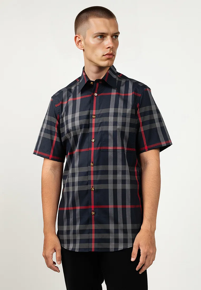 Рубашка мужская с коротким рукавом Claverdon Burberry, клетчатая, темно-синий/серый