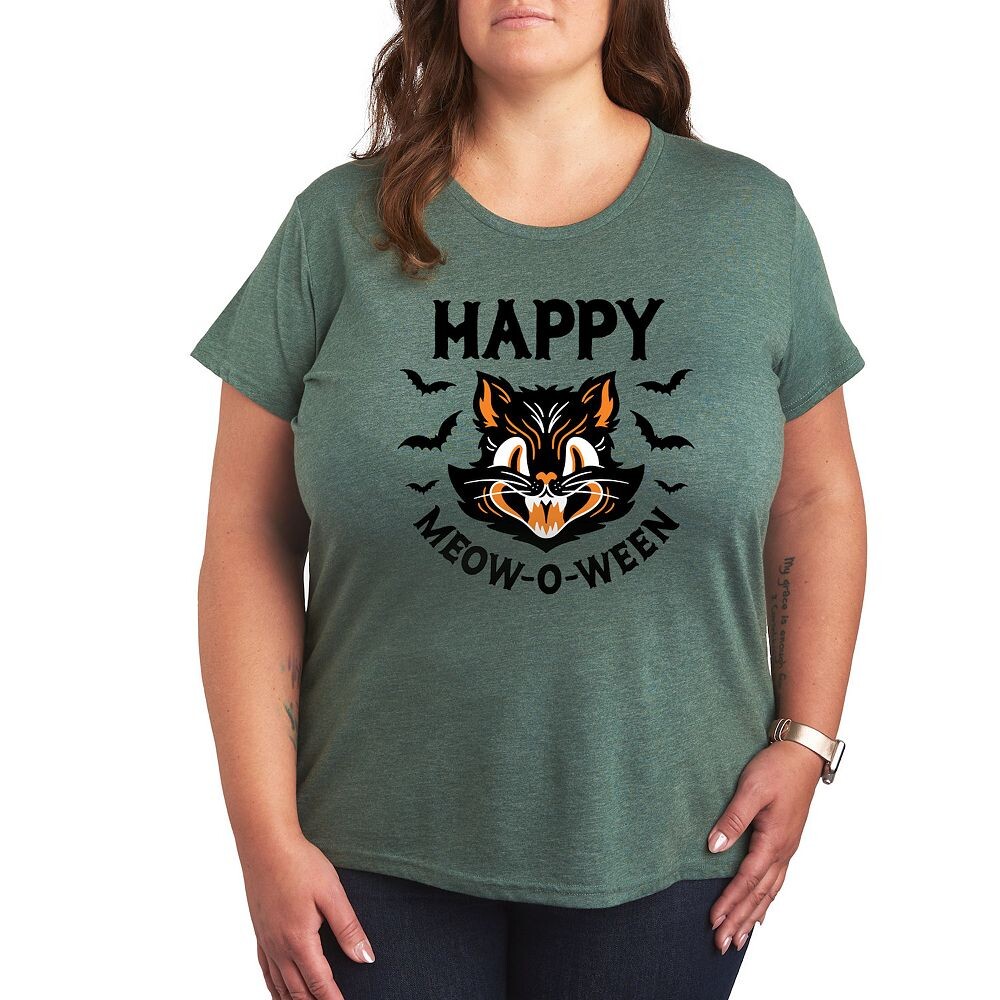 

Винтажная футболка размера плюс с рисунком Cat Happy Meow O Ween Licensed Character, цвет Heather Green