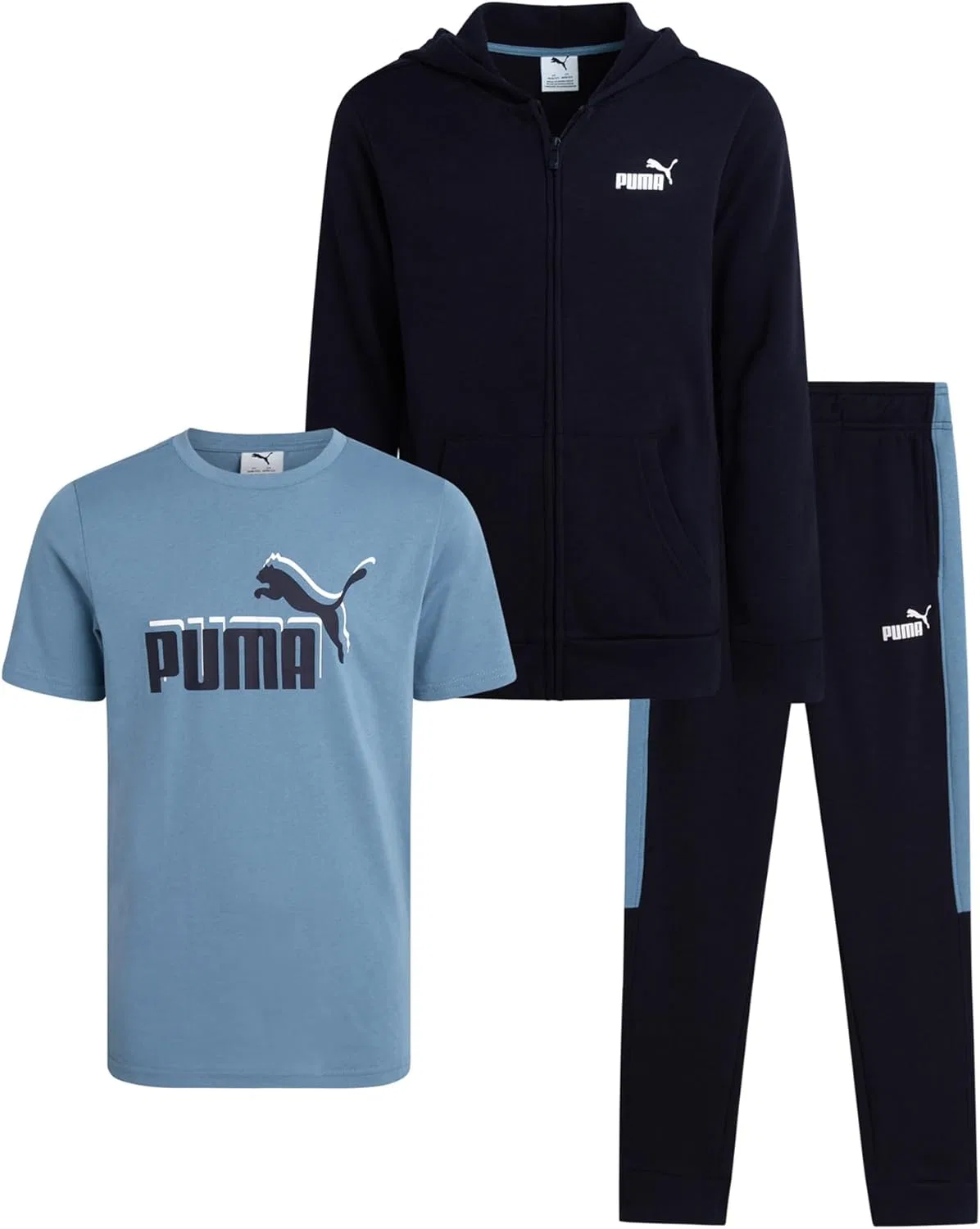 Детский спортивный костюм PUMA, 3 предмета: худи, футболка и джоггеры, Light Blue/Navy