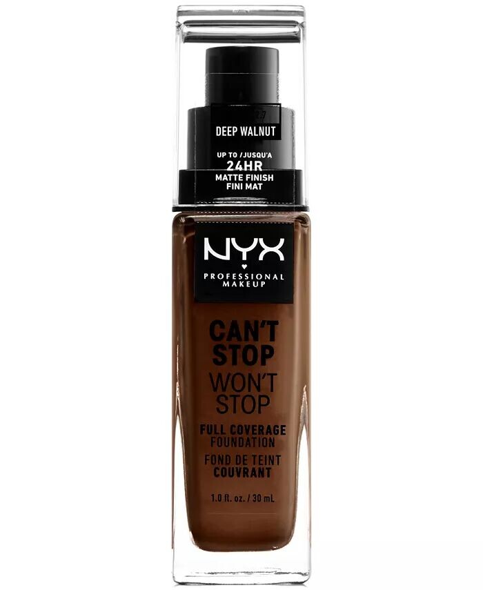 

Can't Stop Won't Stop Full Coverage Foundation, 1 унция Nyx Professional Makeup, цвет 22.7 Deep Walnut (deepest deep/warm undertone)