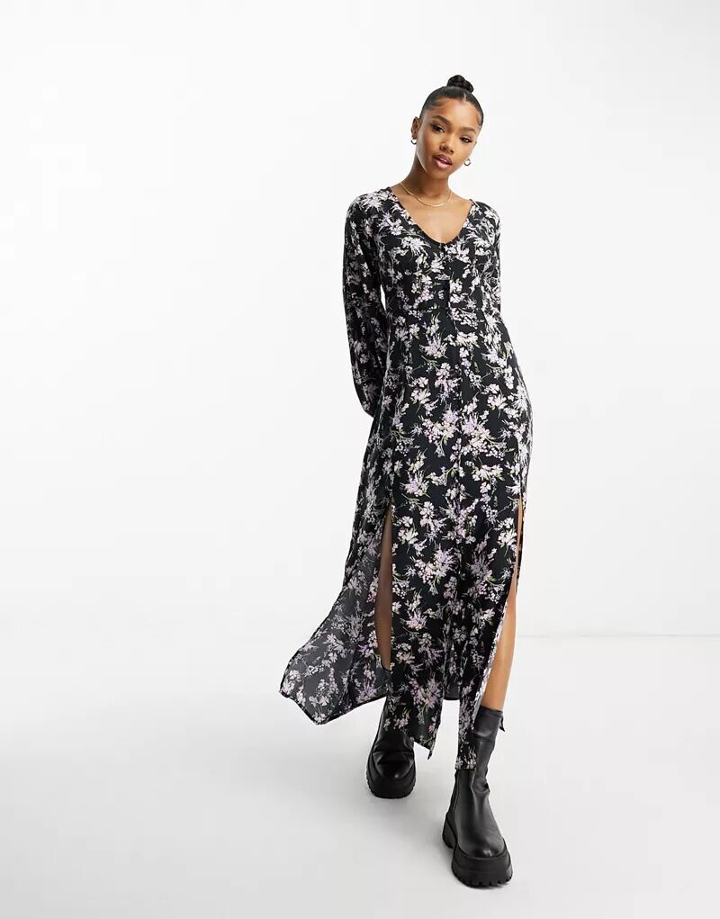 

Платье макси с длинным рукавом и пуговицами Miss Selfridge с цветочным принтом