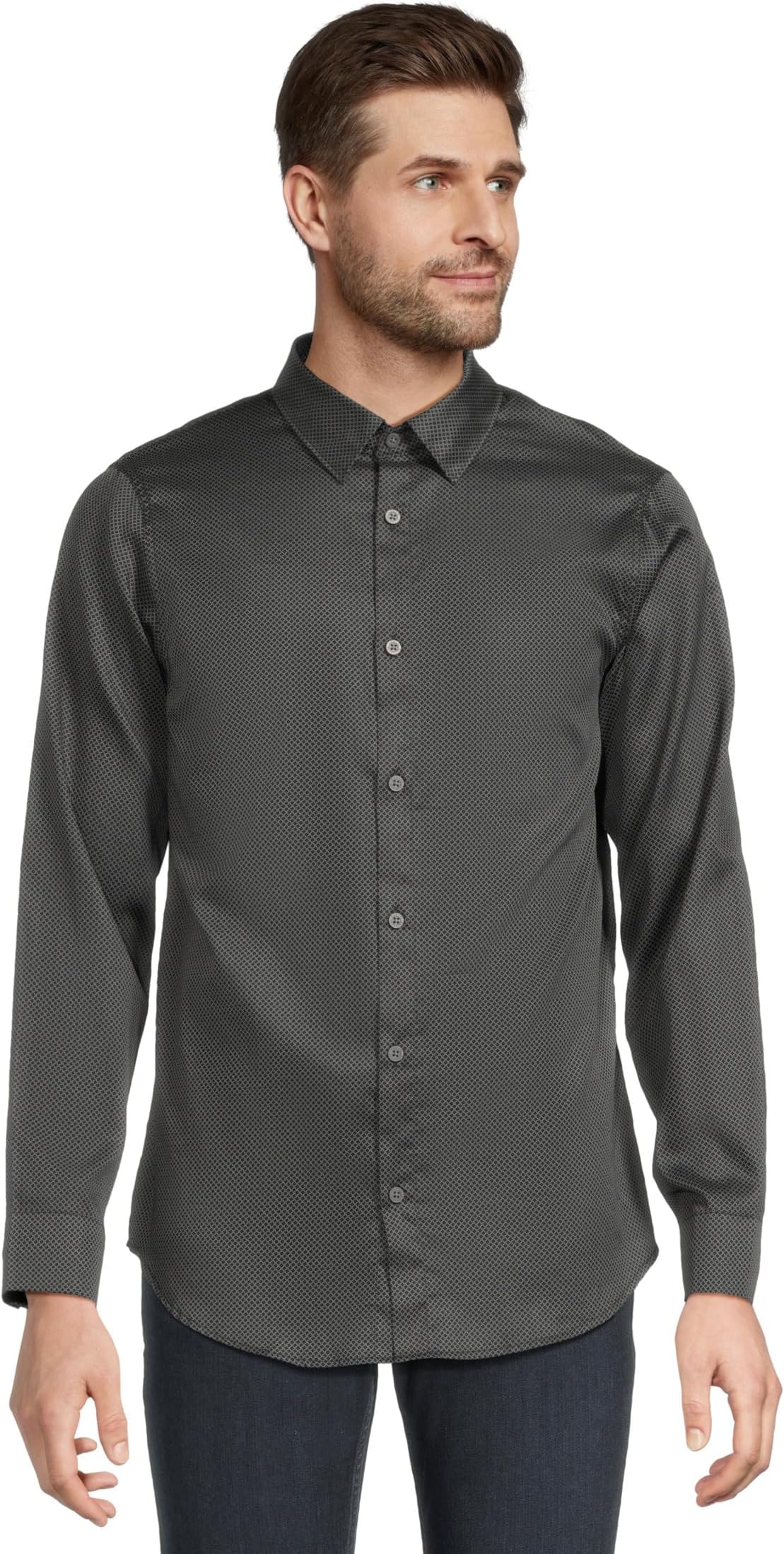 

Мужская рубашка на пуговицах из хлопкового атласа с принтом по всей поверхности Armani Exchange, Deep Navy Sloped Pat