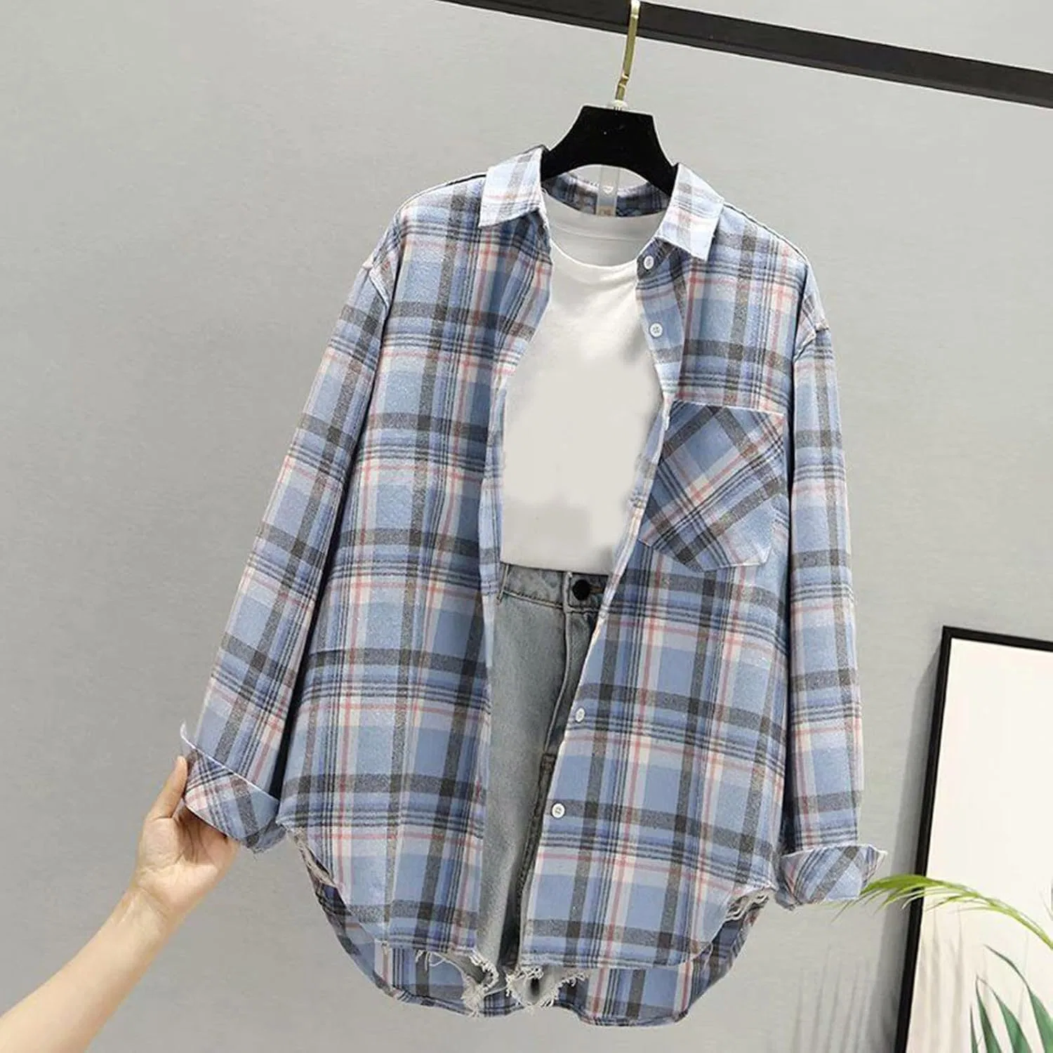 Блуза с отложным воротником, длинный рукав, свободный крой, Women's Long Sleeve Loose Button-Down Shirt, синий — фото 2