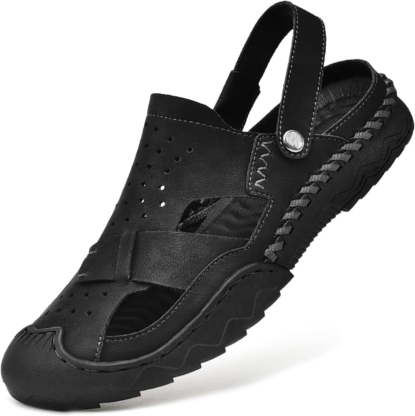 

Мужские ручные босоножки Lymphvity из кожи, с вырезами, повседневные, сандалии рыбака, двусторонний ремешок на щиколотке, закрытый носок, дышащие, на ножку, для улицы, пляжные шлепанцы, черный