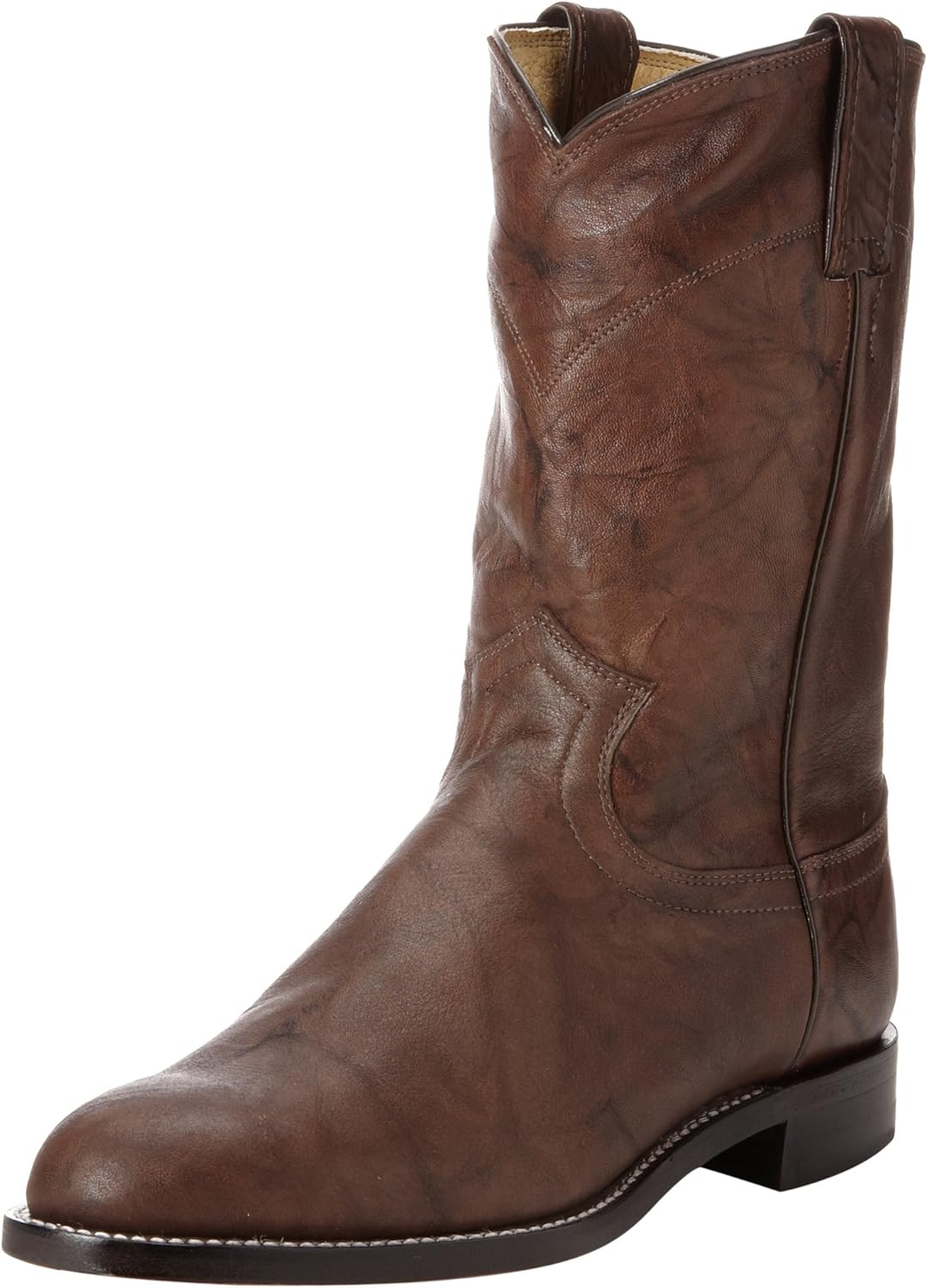 

Мужские ковбойские сапоги Justin Jackson 10 Roper - верх из цельной кожи с круглым носком, система комфорта J-Flex и подошва из кожи, прибитая вручную, темно-коричневый