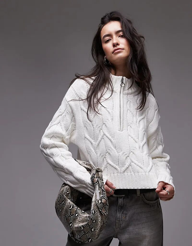 

Кардиган с высоким воротом, связанный косами, цвета слоновой кости Topshop