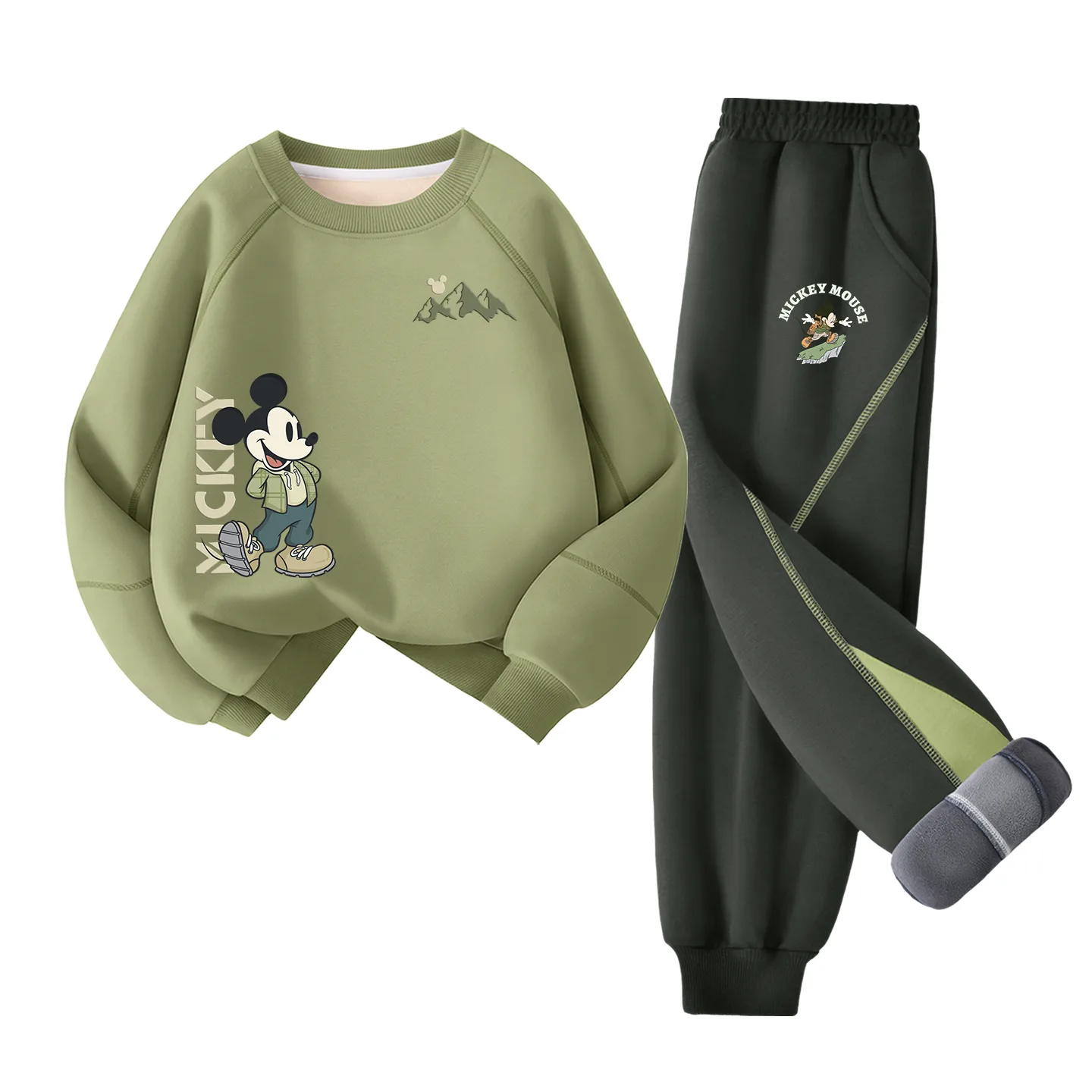 Детская повседневная спортивная футболка с круглым вырезом Disney, [Thickened and Fleece-Lined]Mugwort Green 1