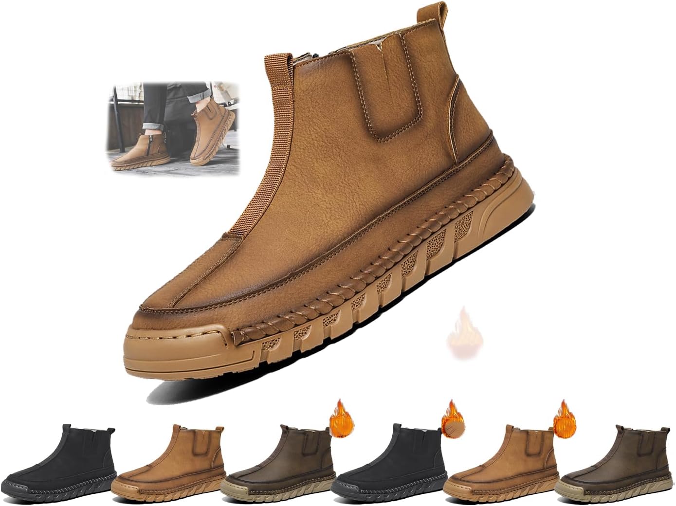 

Мужские повседневные кожаные туфли, водонепроницаемые, теплые, слипоны, зимние ботинки для снега, с мягкой подошвой, противоскользящие, чизмовые ботинки до щиколотки для прогулок, вождения, ежедневных поездок и повседневных выходов Generic, кори...