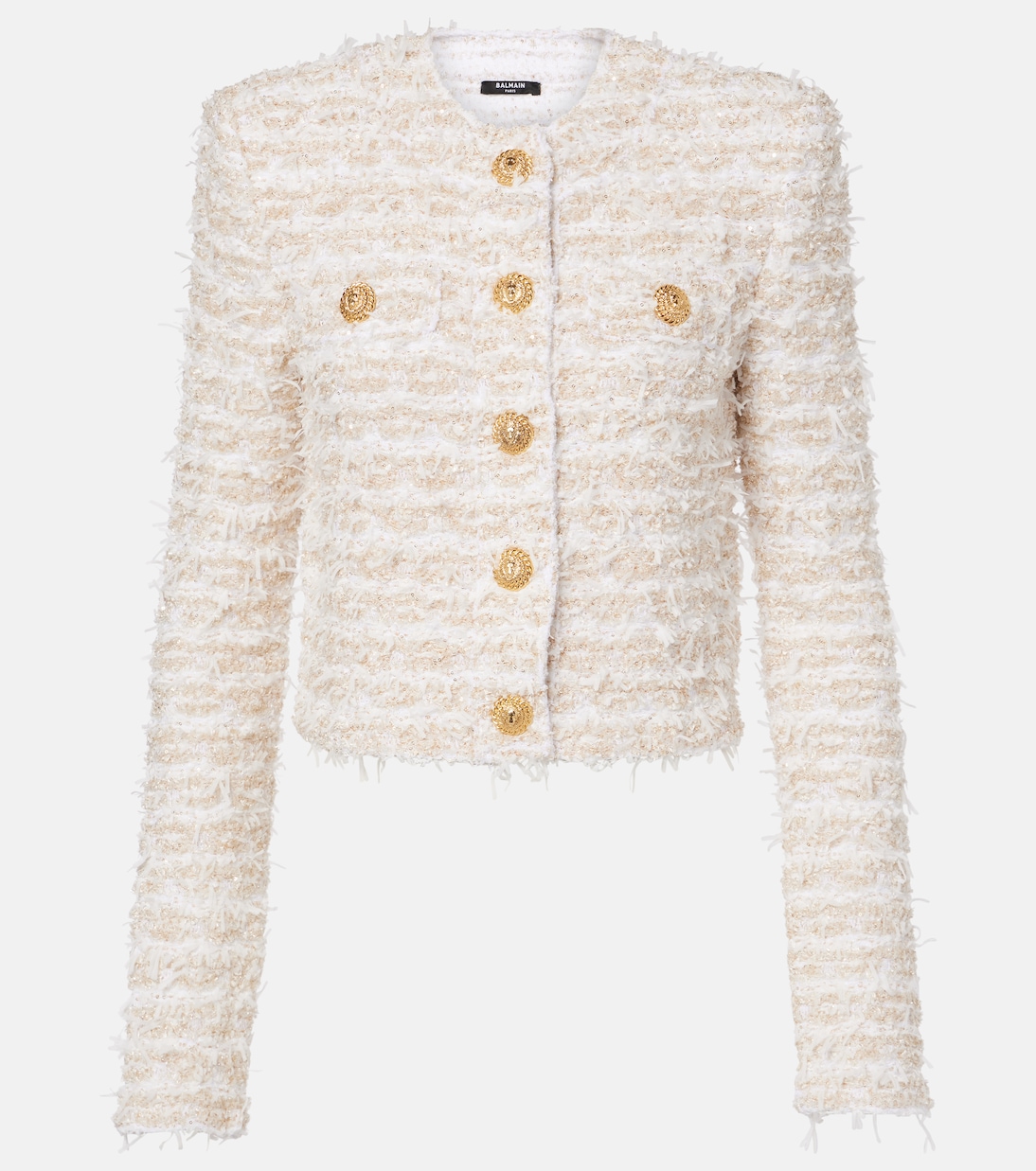Укороченный твидовый жакет Balmain, Blanc/Or