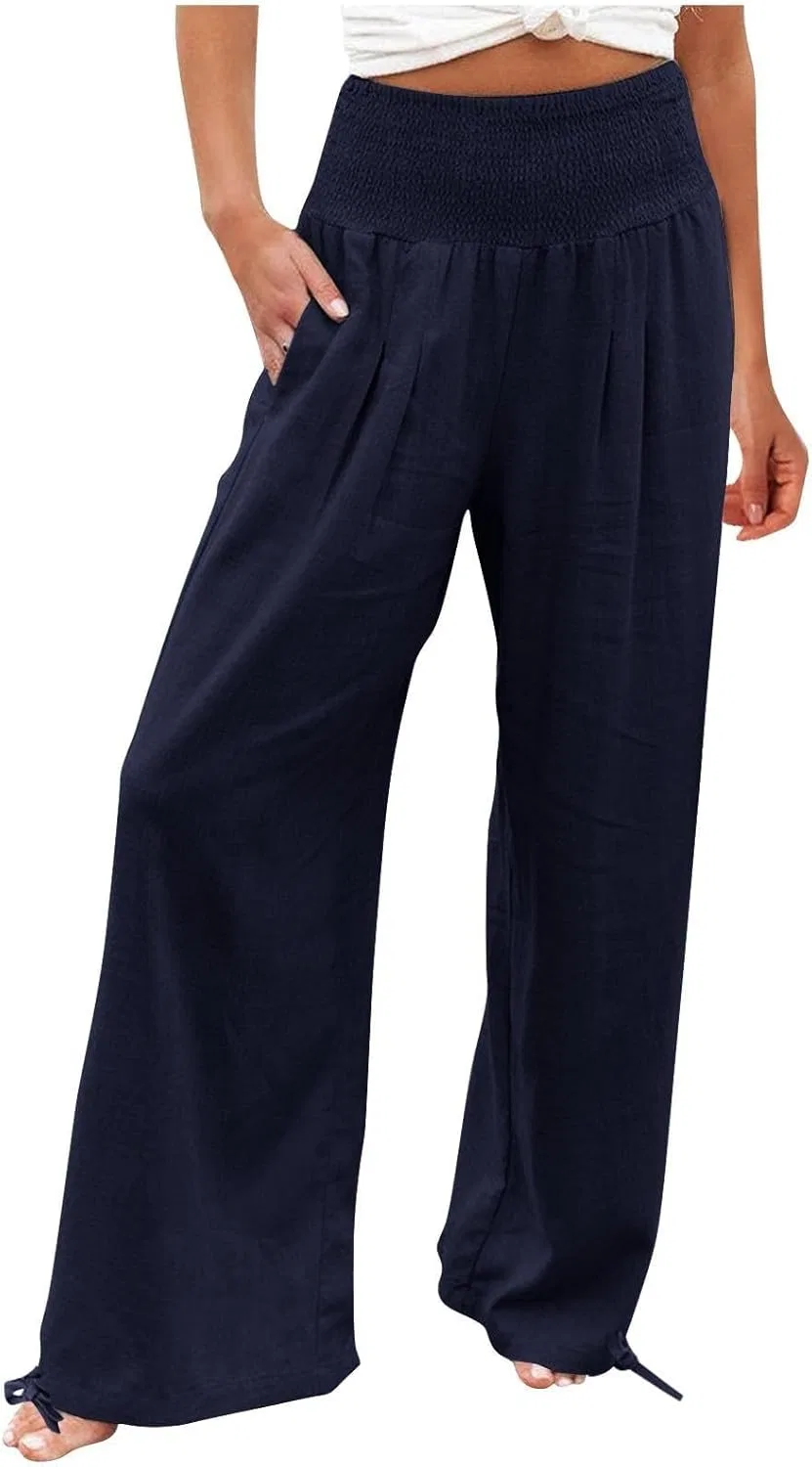 Широкие брюки Women's Cotton Linen, высокие, с карманами, A01_navy