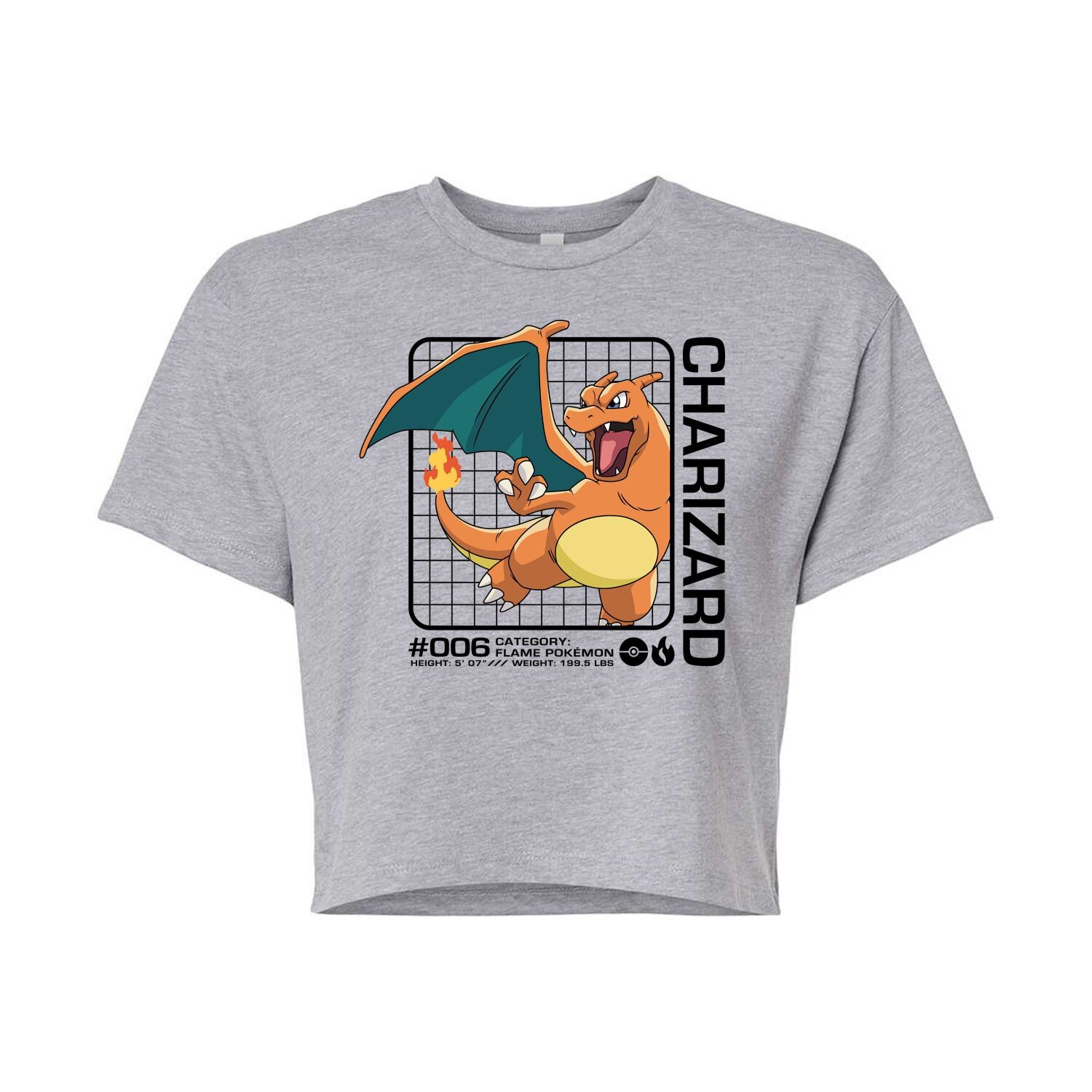 

Укороченная футболка для подростков Pokemon Charizard Licensed Character, серый