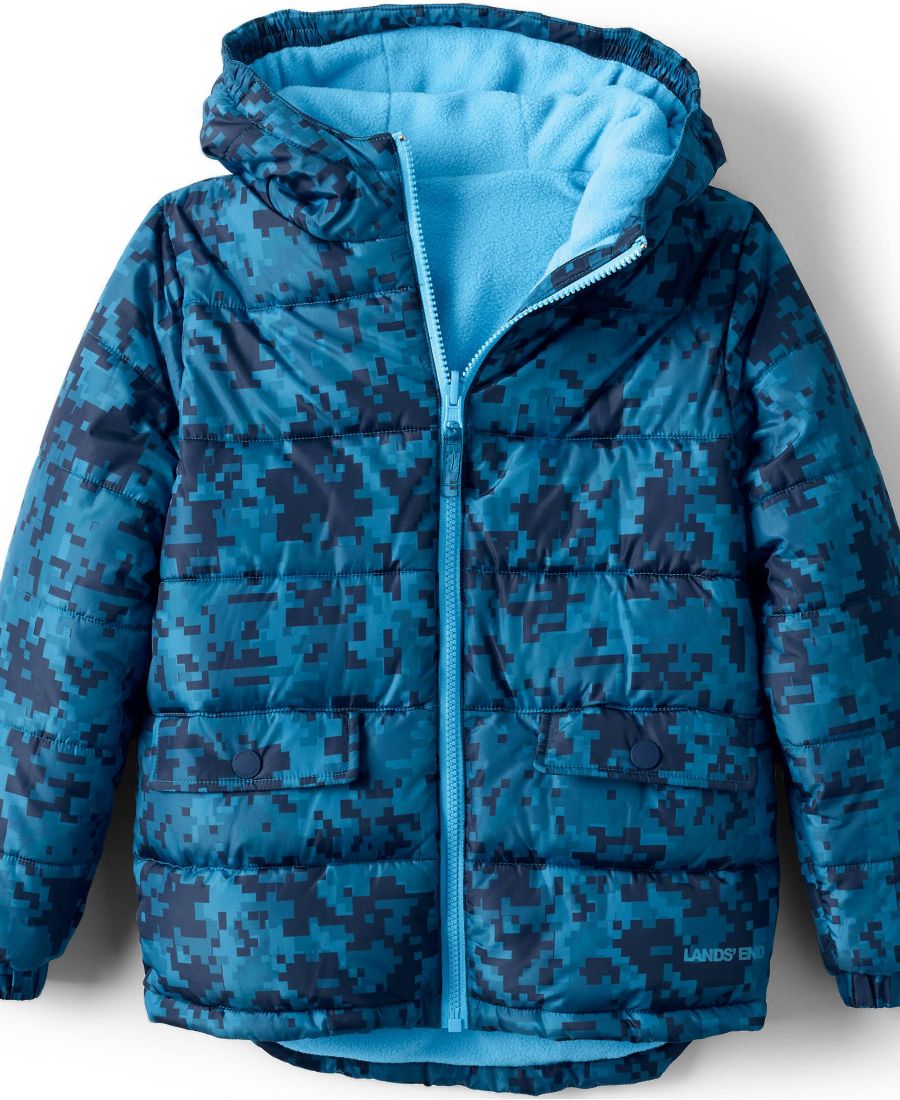 

Двусторонняя флисовая куртка-пуховик с капюшоном для мальчиков Lands' End, Blue camo/light blue