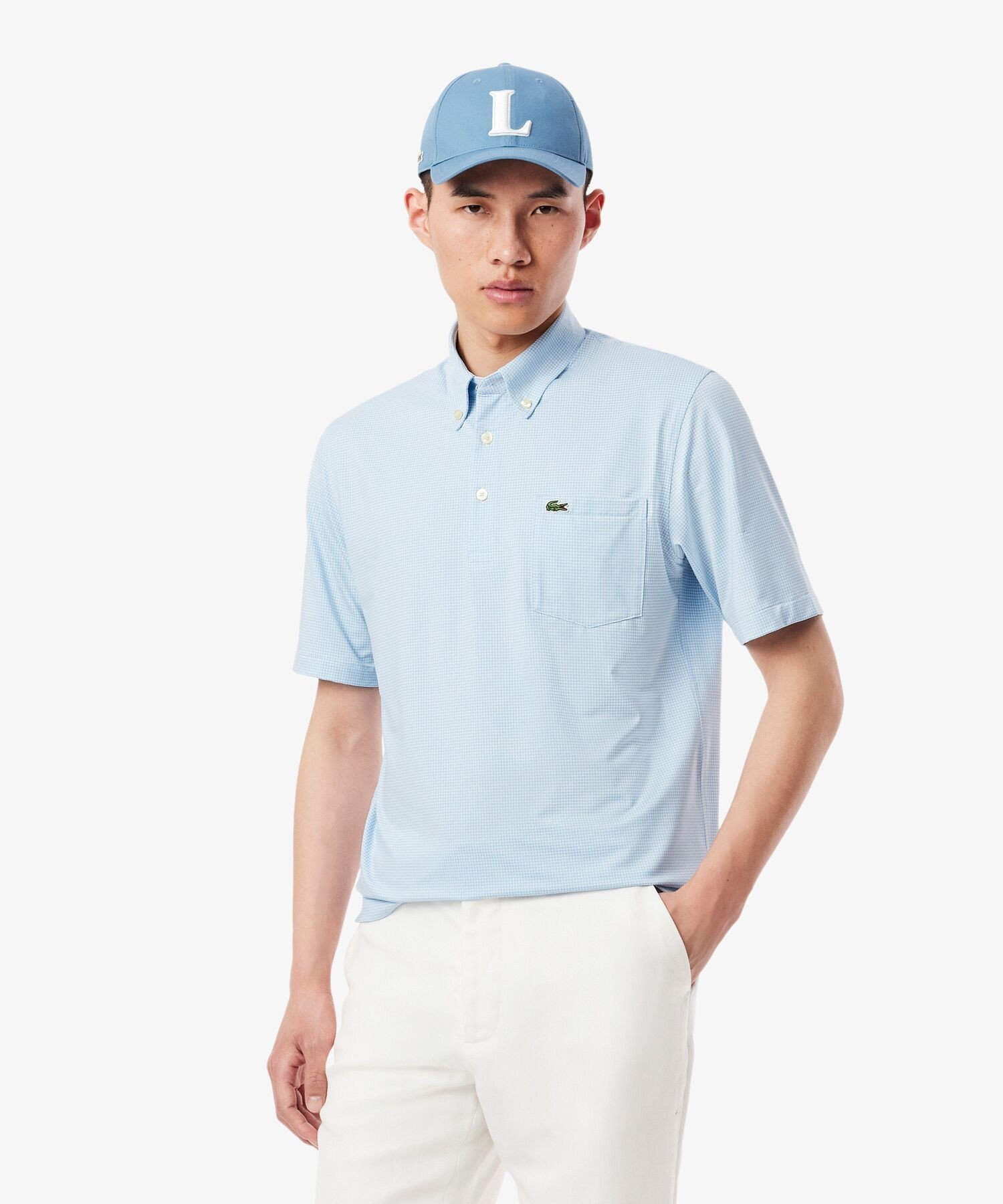 Поло LACOSTE Saxe Blue с микроклеткой, дезодорирующее, быстросохнущее, с УФ-защитой