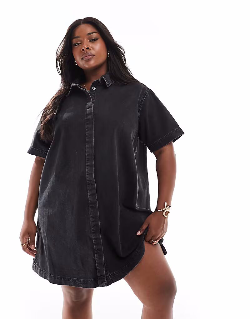 

Платье-рубашка из денима с короткими рукавами ASOS DESIGN Curve черного цвета ASOS Curve