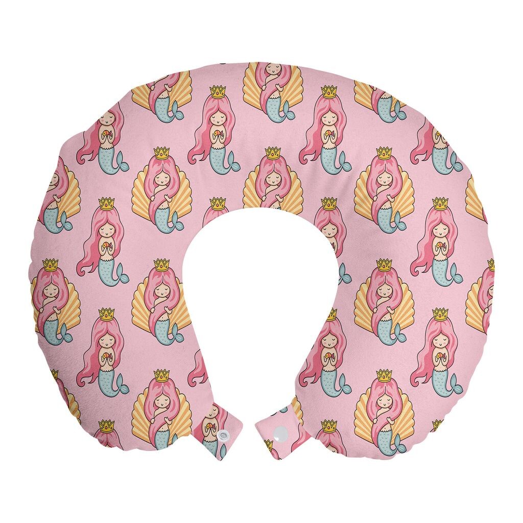 

ABAKUHAUS Подушка для путешествий Crown, поддержка шеи, королева-русалка и ракушки, пенопластовые дорожные принадлежности для самолета и автомобиля, 30x30 см, бледно-розовый многоцветный