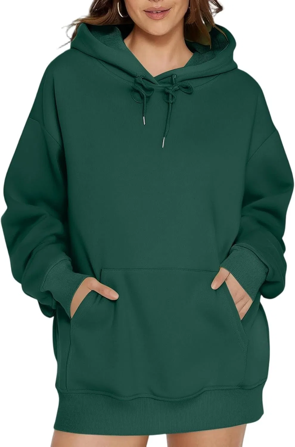 Женский свитшот оверсайз с капюшоном, флис, A005- Dark Green