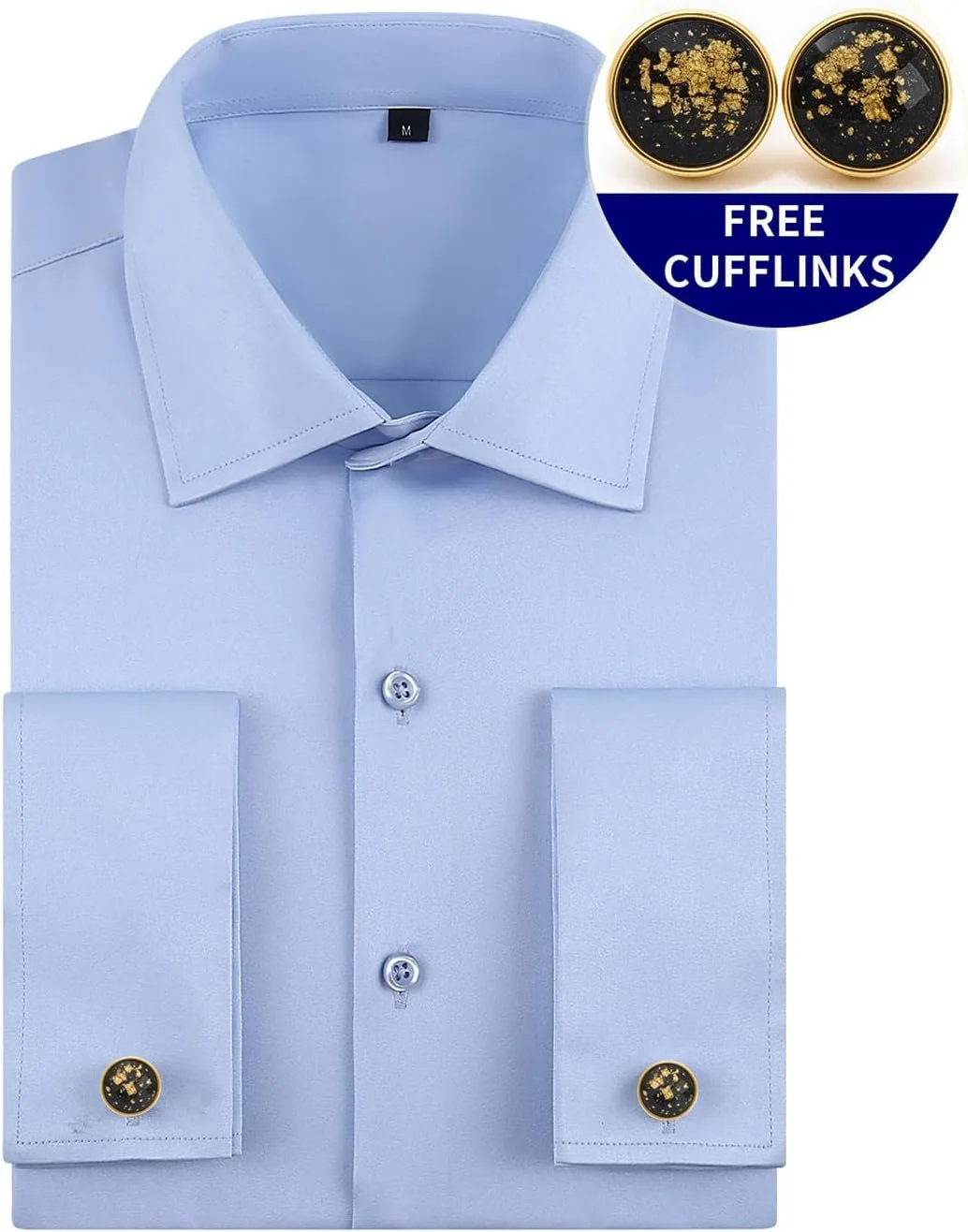 Мужская однотонная рубашка с двойными манжетами для делового стиля Casual, Slim Fit, с широким воротником и металлическими запонками Generic, светло-голубой — фото 2