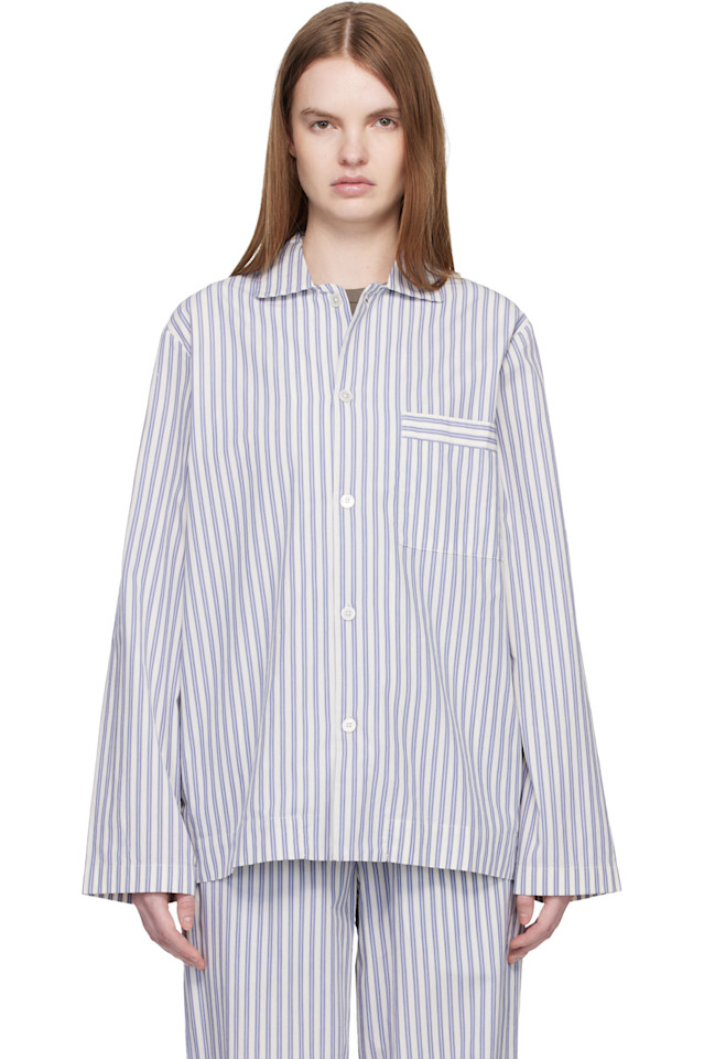 

Tekla Пижамная рубашка с длинными рукавами из белого и синего поплина