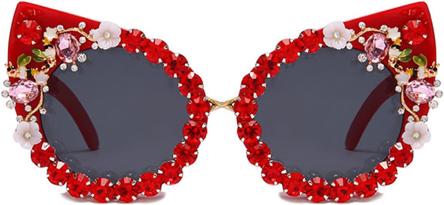 

Хелена, модные очки ручной работы «кошачий глаз» со стразами, женские круглые винтажные солнцезащитные очки с цветочным и жемчужным узором для вечеринки S67 helena, Red