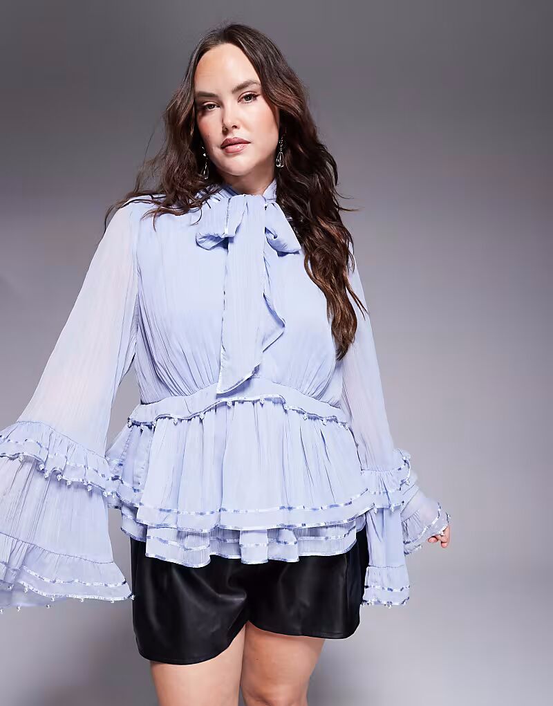 

Блузка из шифона ASOS LUXE Curve с жемчужной отделкой, объемная, синего цвета