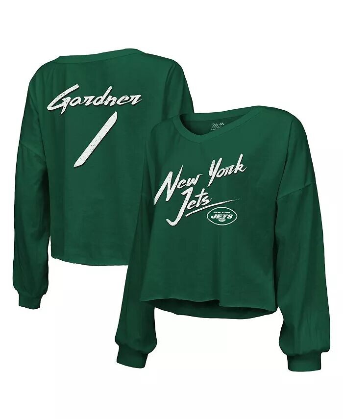 

Женские нитки Sauce Gardner Green New York Jets Имя и номер Укороченная футболка с открытыми плечами и надписью с длинными рукавами и v-образным вырезом Majestic