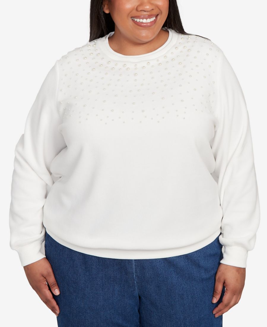 

Классический свитер больших размеров с декорированным вырезом горловины, предотвращающим образование катышков Alfred Dunner, Ivory