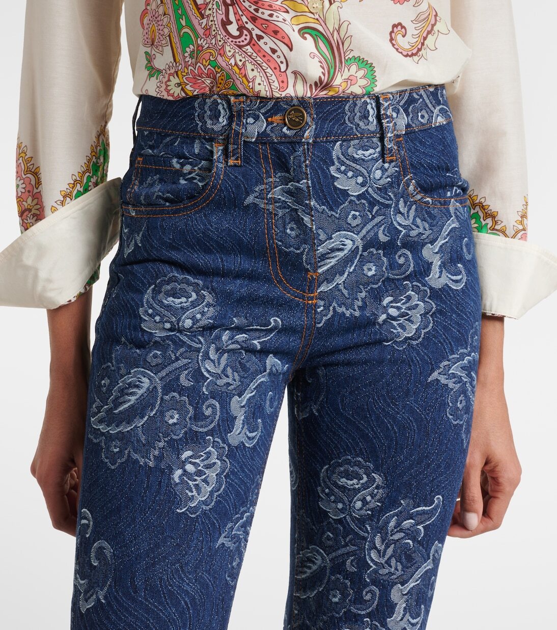 Узкие джинсы с цветочным жаккардом Etro, белый — фото 4