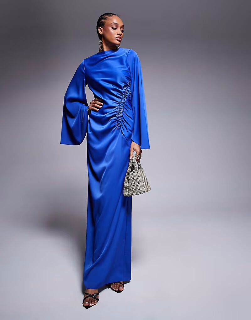 

Платье макси ASOS DESIGN Tall с увеличенными рукавами, косой талией и сборкой в ​​кобальтово-синем цвете ASOS Tall
