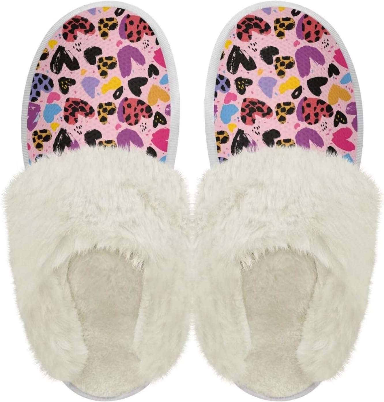 

Шлепанцы с пушистой отделкой Chaqlin для женщин и мужчин, широкие для дома, с толстой подошвой, фланелевые, для улицы и дома, противоскользящие, зимние теплые тапочки, Colorful Heart Leopard Print
