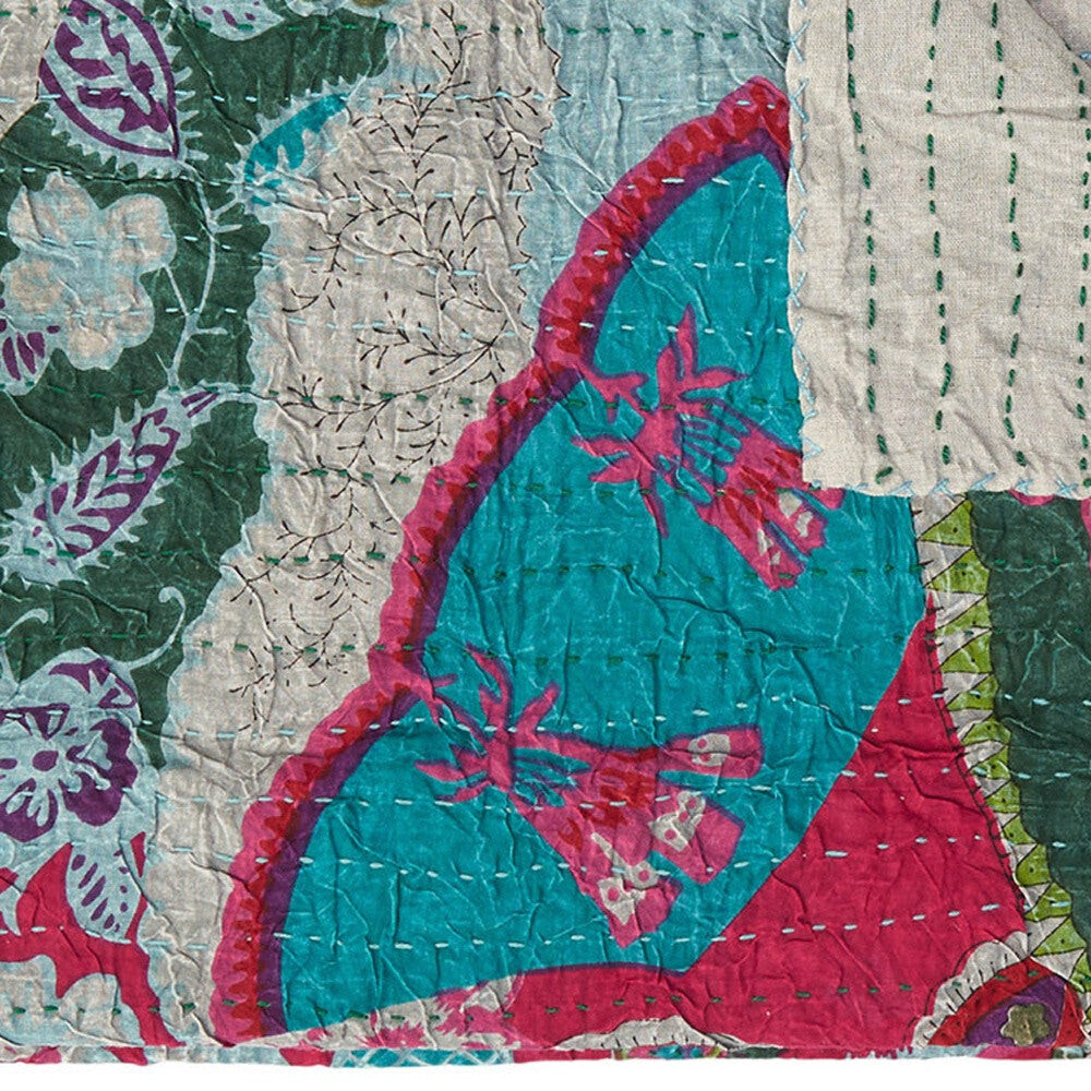 

Зеленое и розовое хлопковое одеяло Kantha размером 50 x 70 дюймов с вышивкой. Homezia, цвет Multicolored