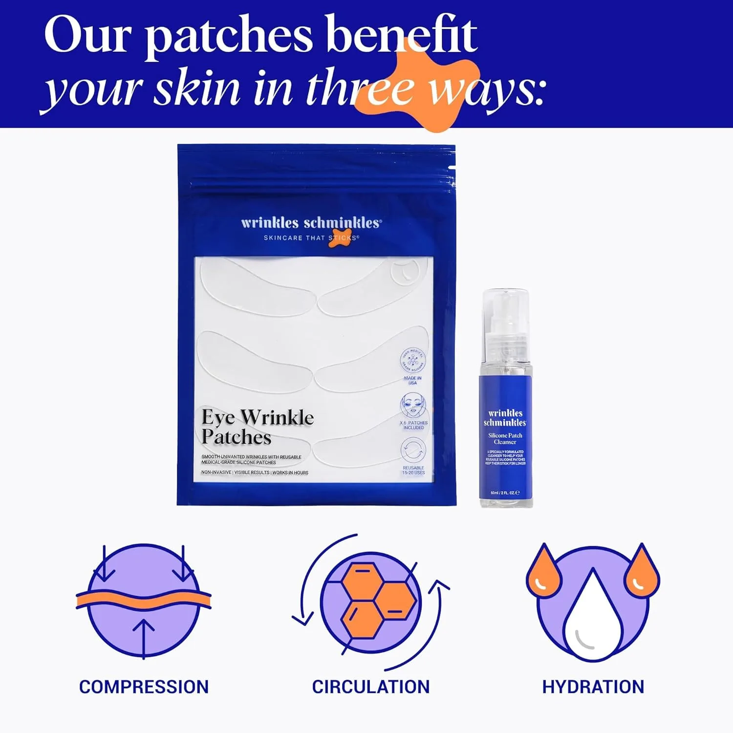 Wrinkles Schminkles стартовый набор от морщин под глазами - 3 пары многоразовых патчей + очиститель для силиконовых патчей 60 мл 3 пары + 56.70 г очищающего средства — фото 2
