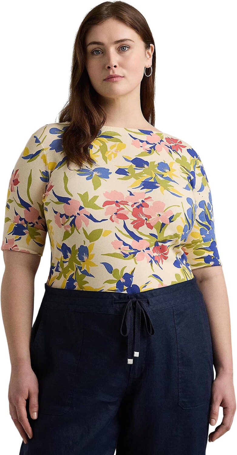 

Футболка Lauren Ralph Lauren Plus-Size Floral Stretch Cotton Boatneck Tee, цвет Cream/Blue/Multi