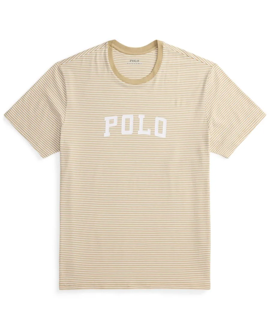 Мужская пижамная футболка с коротким рукавом Polo Ralph Lauren, classic хаки/белый tick stripe/белый logo — фото 4