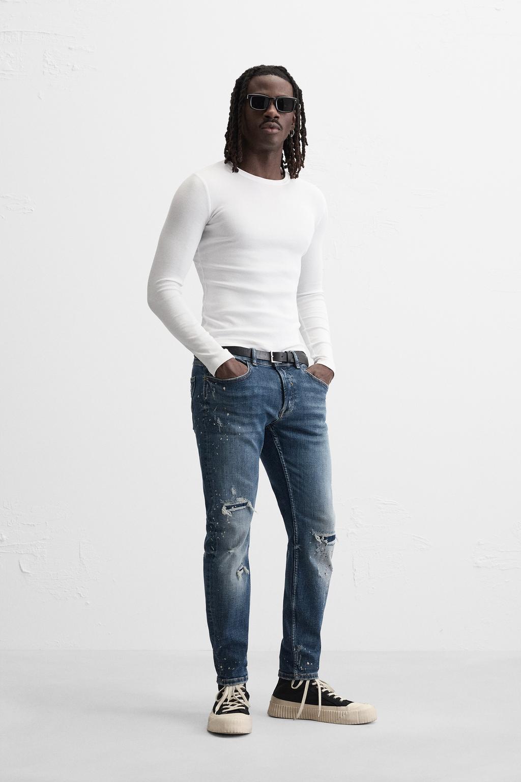 

Узкие джинсы с рваными красками ZARA, синий