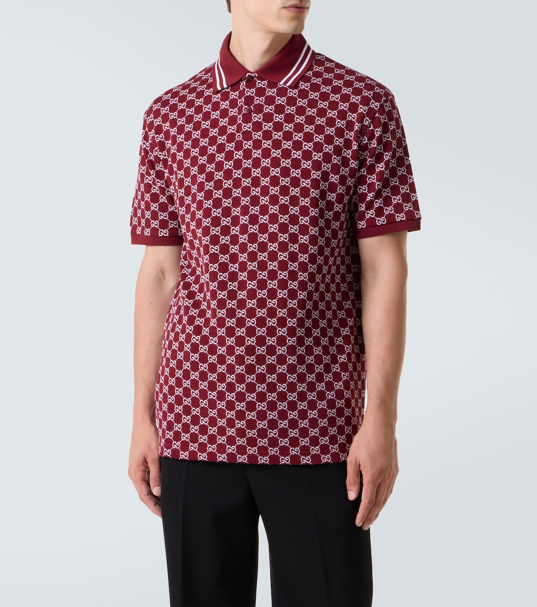 Рубашка-поло из жаккардового хлопкового пике с узором GG Gucci, Rosso Ancora/White/M — фото 3