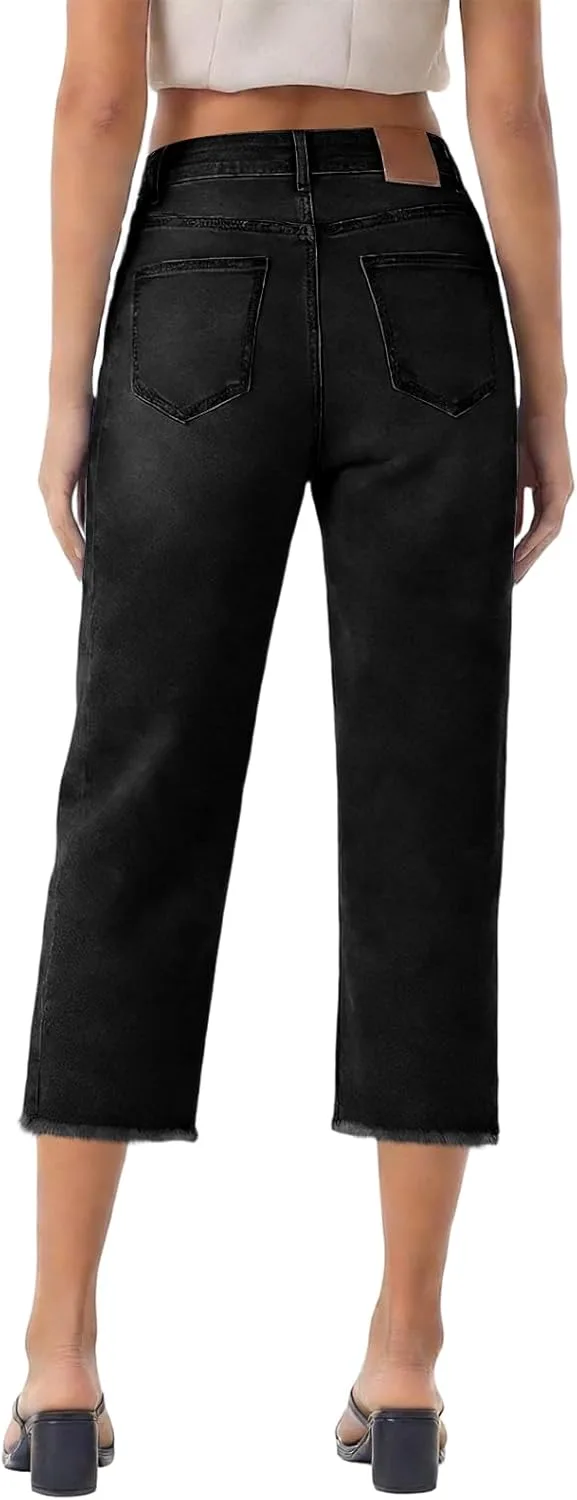 Женские укороченные джинсы High Waisted Straight Leg с эффектом потертостей — фото 4