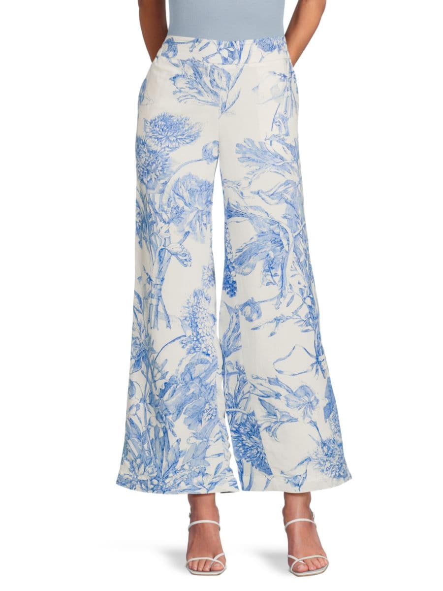 

Широкие брюки из смесовой льняной ткани с цветочным принтом T Tahari, цвет Ivory Blue
