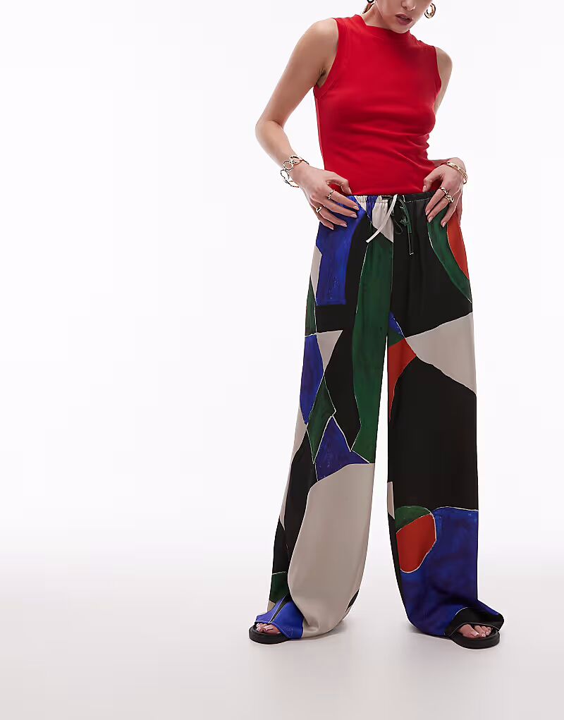 

Широкие брюки Topshop из атласа с завязкой на талии и геометрическим принтом оранжевого и синего цвета