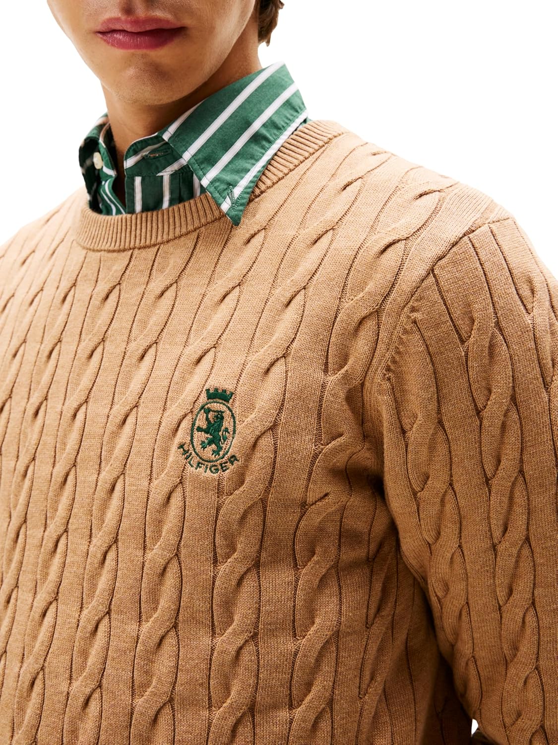 Мужской свитер Tommy Hilfiger Crest Cable Knit Crewneck, легкий пуловер, Safari Canvas Heather — фото 2