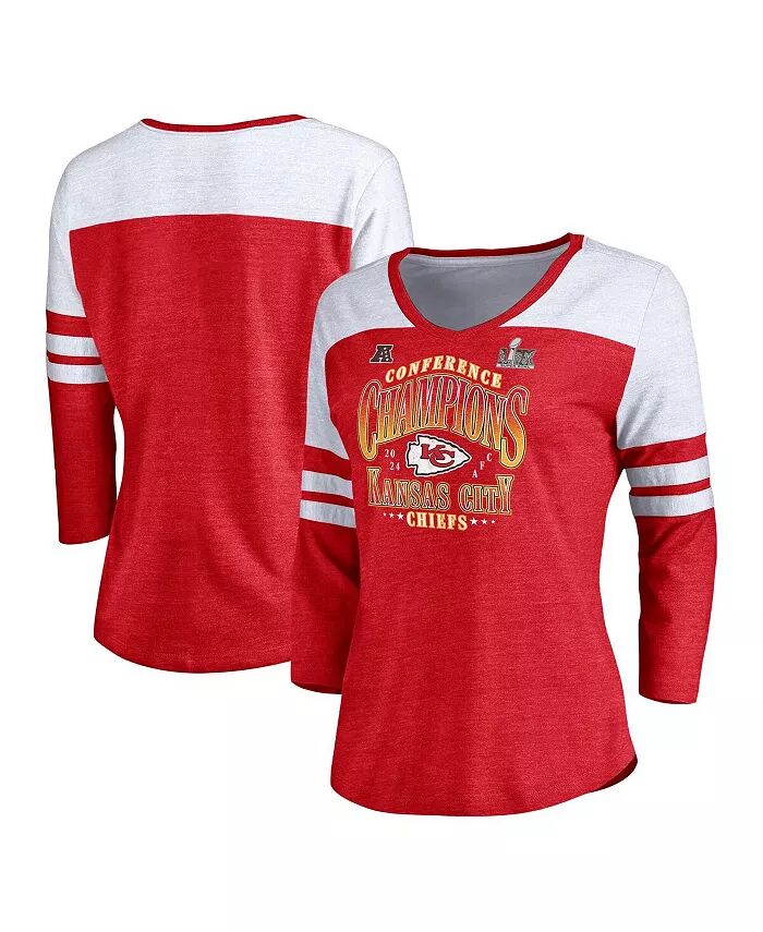 

Женская футболка Heather Red Kansas City Chiefs 2024 AFC Champions Tri-Blend с рукавом 3/4 и V-образным вырезом Fanatics