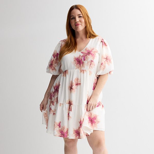 

Платье-бэбидолл с пышными рукавами Plus size Nine West, Ivory Anita Blooms