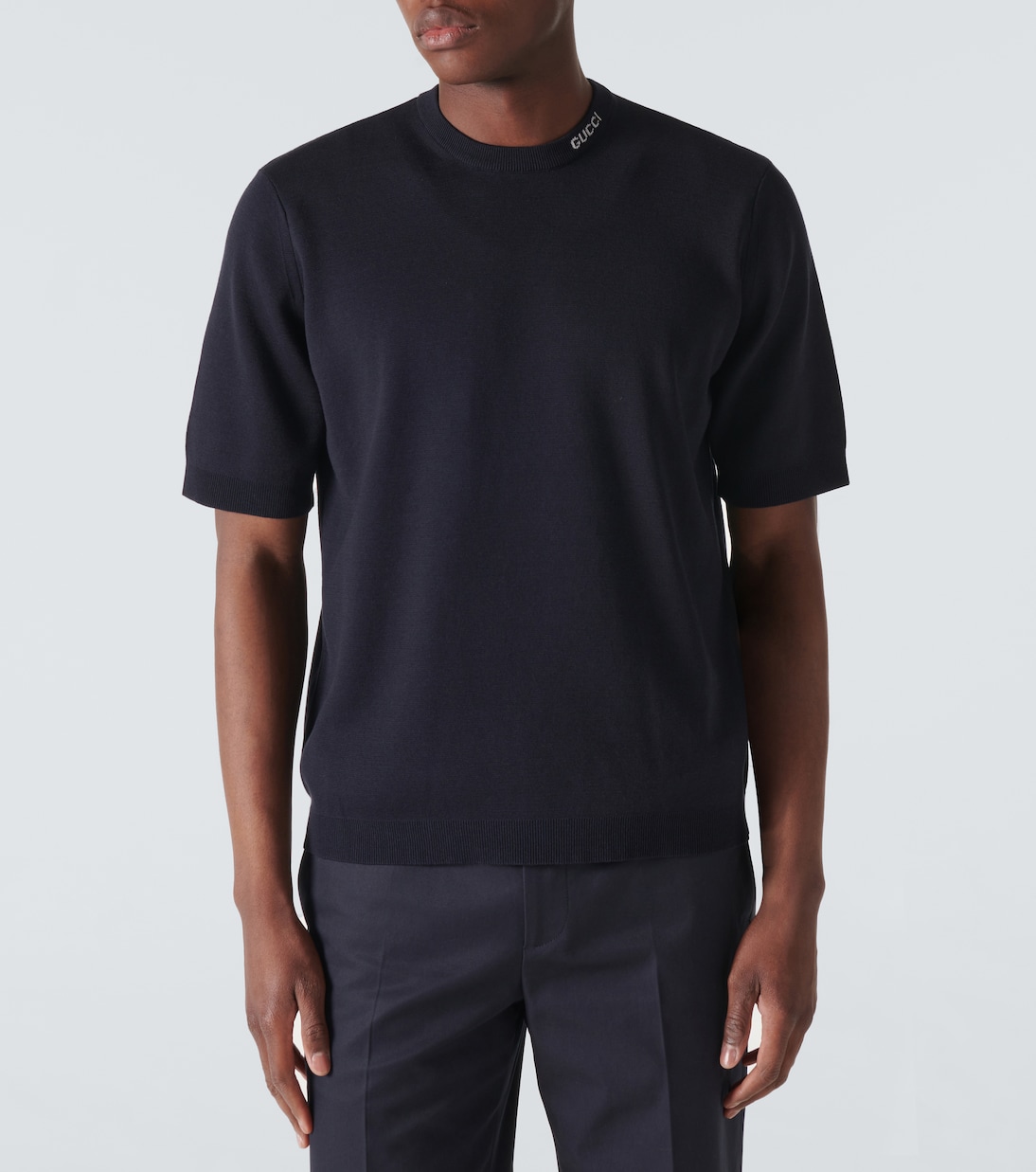 Шелковая и хлопковая футболка с логотипом Gucci, Navy/White — фото 3
