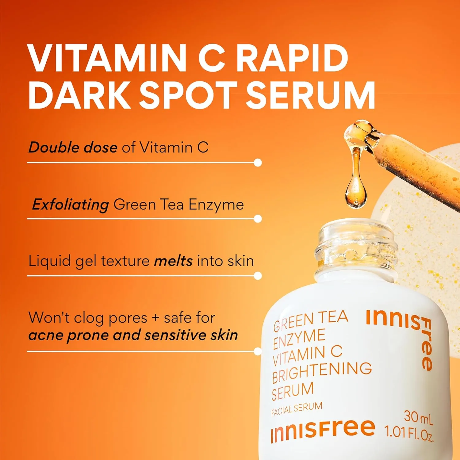Сыворотка для лица Innisfree с зеленым чаем, энзимами и витамином С для осветления и коррекции темных пятен, корейская сыворотка для сияния кожи лица. — фото 4