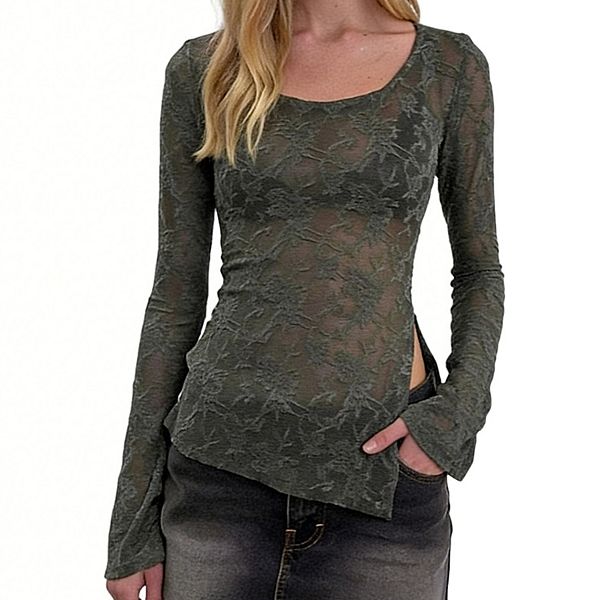 

Женский топ с длинными рукавами из прозрачного кружева - облегающая блузка с круглым вырезом и разрезом сбоку для повседневной и вечерней носки Clearflower